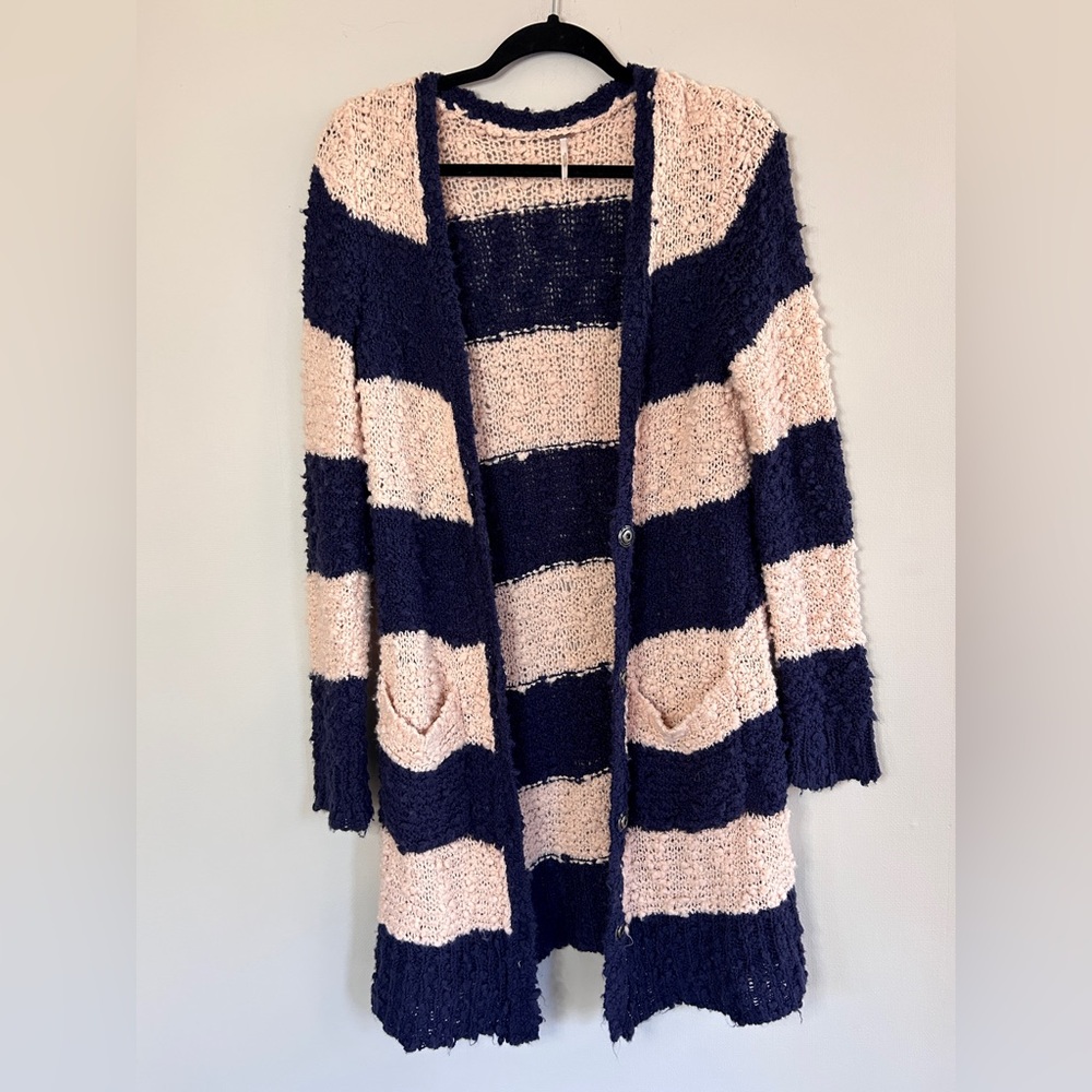 FREE PEOPLE Rugby Striped Chunky Bouclé Knit Long Cardigan Boho Cottage Size M - Picture 9 of 15
